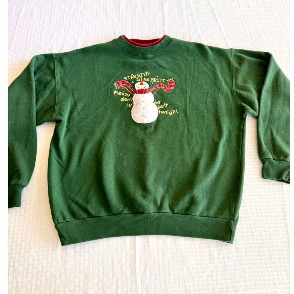 Vintage MC Sportswear Snowman Christmas Sweatshirt Green Embroidered Large 90s